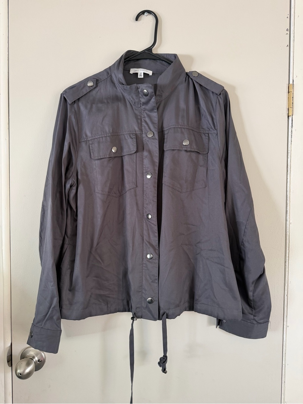 Womens Gray Utility Jacket with Snap Front and Drawcord